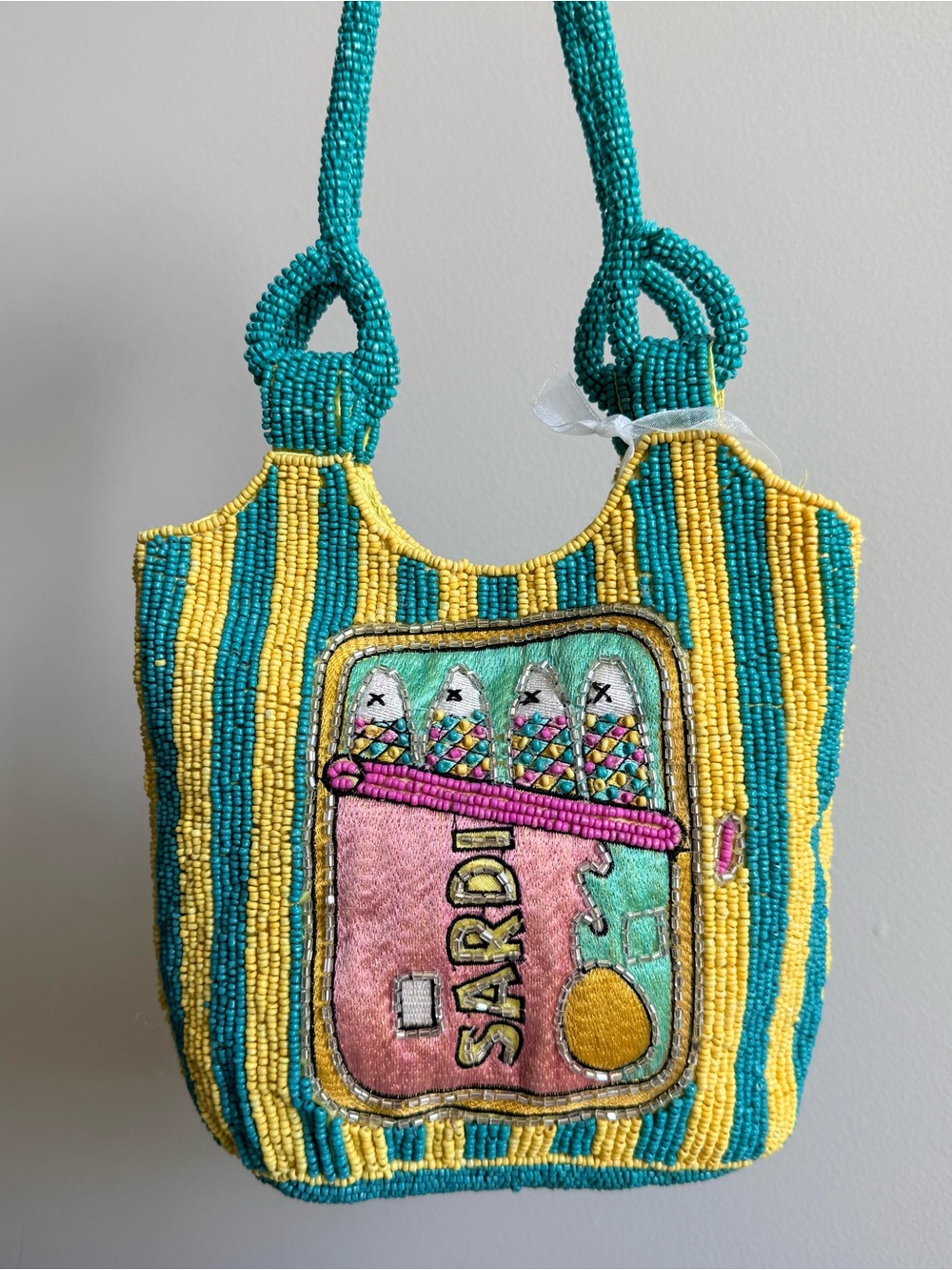 NWT Beaded Turquoise and Yellow Striped Tote with Pink Sardine Patch